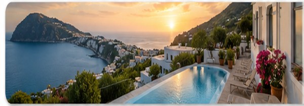 Hotelterrasse mit Meerblick auf Ischia für Reise- und Paketangebote